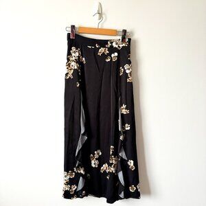 Aritzia Little Moon Ruffle Floral Sateen Midi Skirt Black Size 0